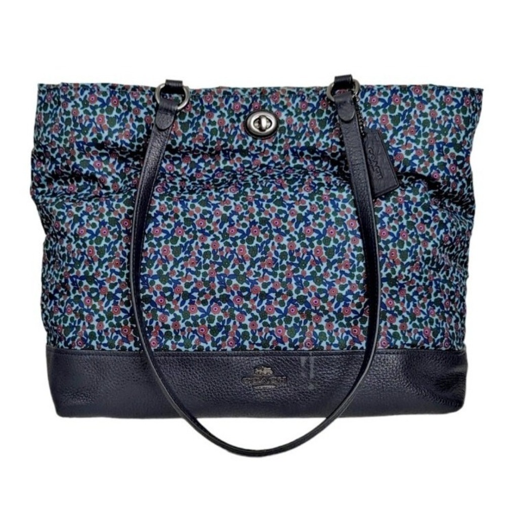 Coach Ranch Large Floral Nylon Leather Navy Blue Tote Bag with Hangtag F59435